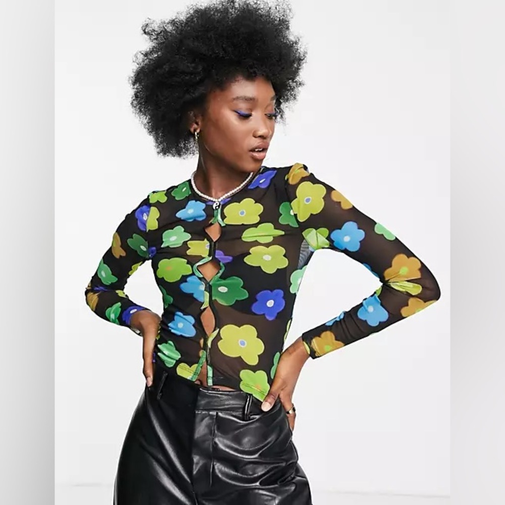 Topshop Floral Print Mesh Long Sleeve Top Black and Multicolor